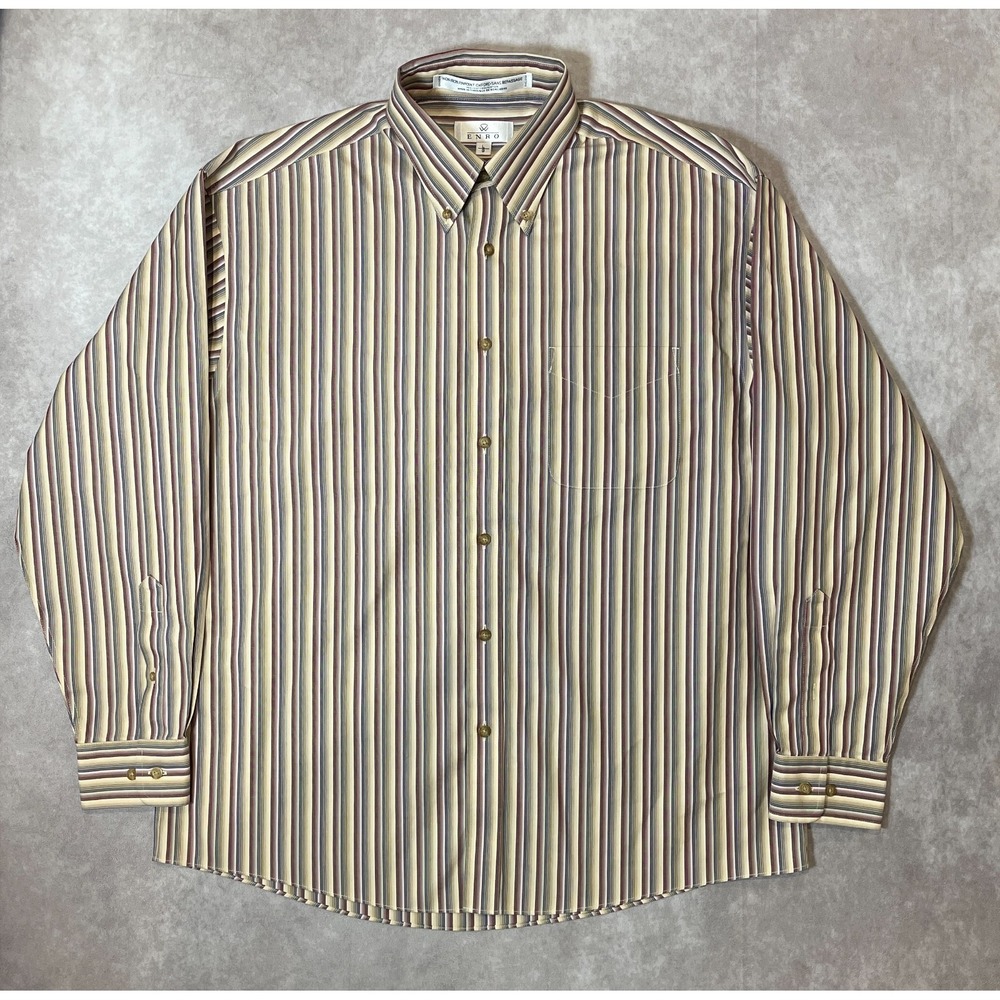 Enro Shirt Mens Large 17 34 Tan Striped Button Up Long Sleeve Non Iron Pinpoint